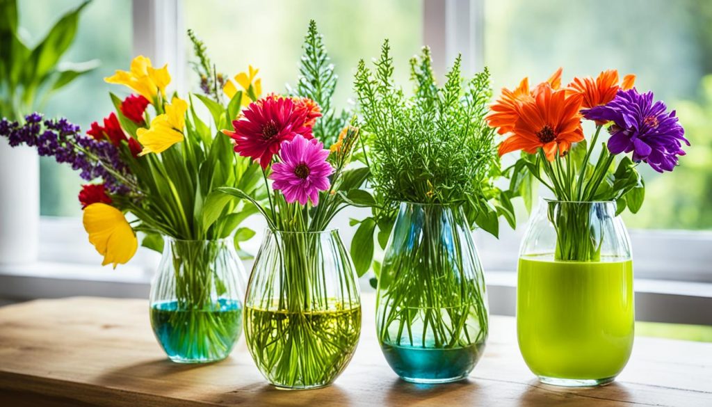 Blumengestecke und Kunstblumen in Glasvasen dekorieren